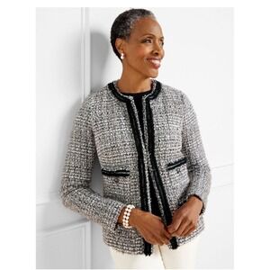 TALBOTS Twinkling Metallic Tweed Blazer Jacket Size 12 Black‎ White NEW Career
